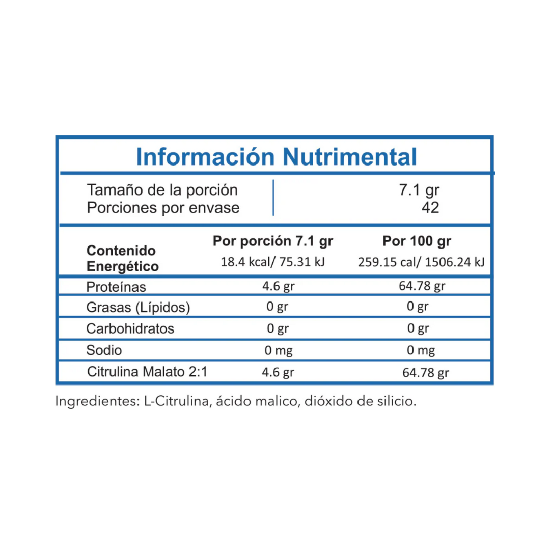 Tabla nutricional en español para Citrulina Malato - ESSENTIALS de getfit: porción 7.1g, 42 porciones/envase, cada porción aporta 18.4 kcal, 4.6g de proteína y 4.6g de citrulina malato para estimular el óxido nítrico sin grasas.