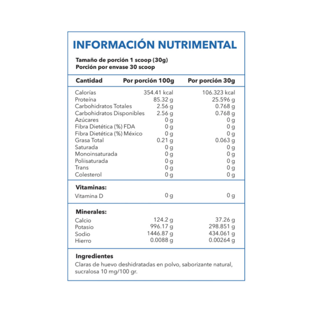 El suplemento Proteína Cristales de Huevo - ESSENTIALS de Get Fit México es un suplemento en polvo bajo en grasa y sin lactosa. La tabla nutricional enumera calorías, macronutrientes (carbohidratos, azúcares, fibra, proteínas, grasas), vitaminas y minerales por cada 100 g y por cada cucharada de 30 g. Contiene proteínas de clara de huevo, sacarosa y sabor natural.
