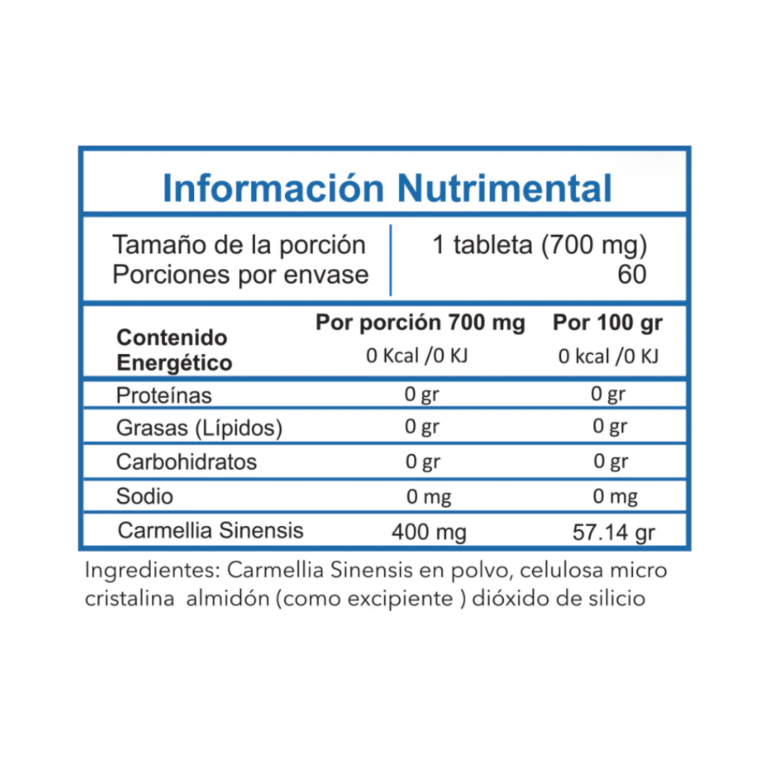 Etiqueta nutricional en español para Extracto de Té Verde - ESSENTIALS de getfit, con 60 porciones por envase. Cada tableta (700 mg) incluye: 0g de proteínas, grasas, carbohidratos y sodio; 400 mg Camellia Sinensis para movilizar grasas y apoyar la salud metabólica. Ingredientes: polvo de Camellia Sinensis, celulosa microcristalina, almidón, dióxido de silicio.