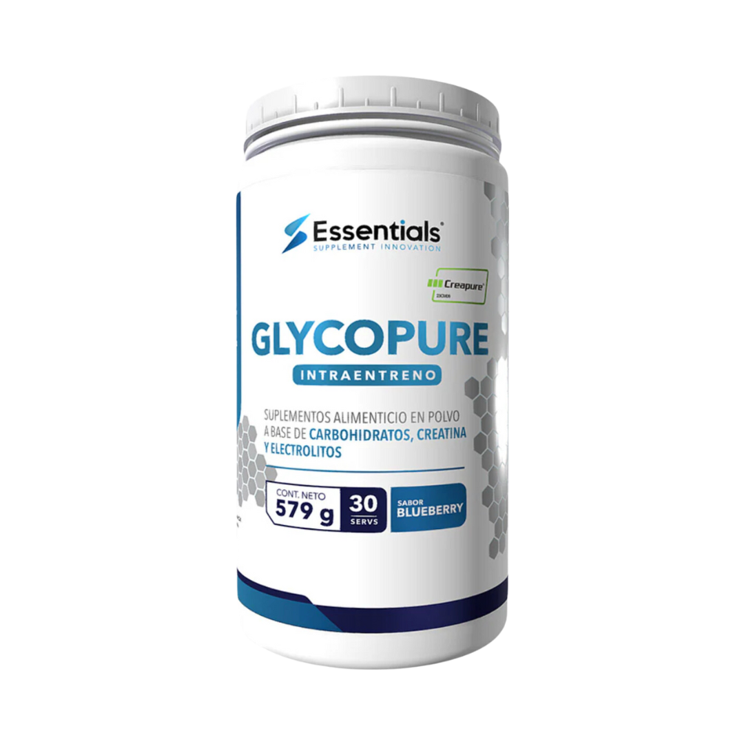 El envase cilíndrico blanco de Glycopure de Get Fit México está etiquetado en español, destacando los carbohidratos y electrolitos. Cuenta con el logotipo de Creatina Creapure®, contiene 579 g de peso neto para 30 porciones de sabor a arándano y presenta un diseño de panal de abejas azul y gris.