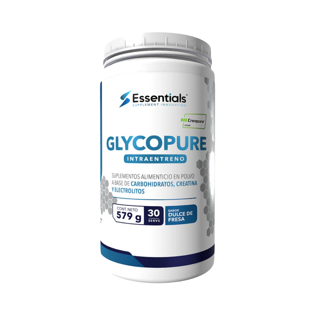 Envase blanco de Glycopure de Get Fit México, con etiqueta en español suplementos alimenticios en polvo, incluye carbohidratos, Creatina Creapure® y electrolitos. Pesa 579 g para 30 porciones con sabor a fresa y presenta el logotipo de Creapure.