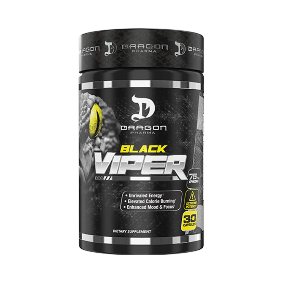 Un envase cilíndrico negro de Black Viper de Get Fit México - DRAGON PHARMA presenta un logotipo de dragón estilizado. El texto en negrita en amarillo y blanco enfatiza Black Viper, prometiendo energía inigualable, mejor estado de ánimo y una quema de grasa eficaz. Cada frasco contiene 30 cápsulas.