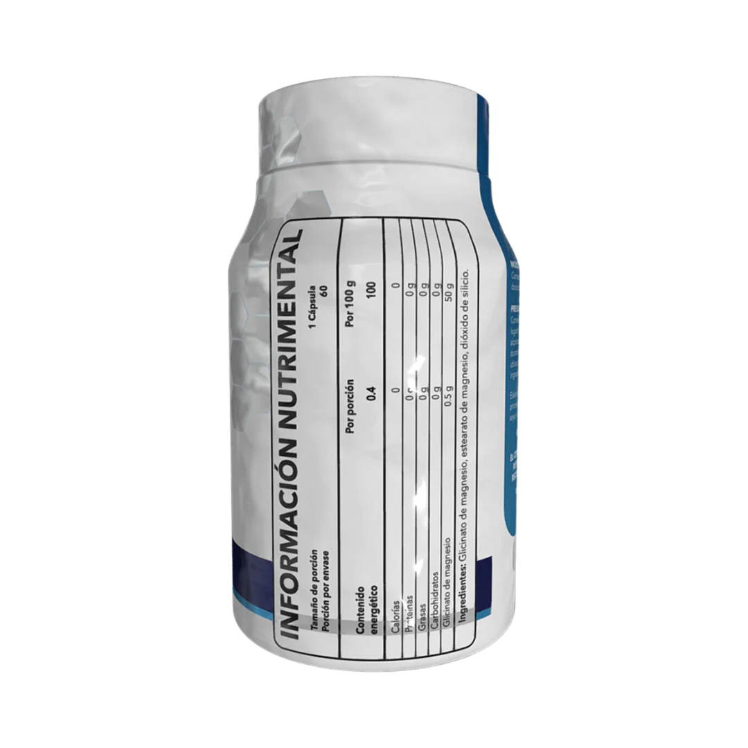 Glicinato de Magnesio - ESSENTIALS de Get Fit México viene en una botella blanca con tapa transparente y tiene una etiqueta moderna y sencilla en español que resalta la palabra magnesio para salud del sistema nervioso. La información nutricional se proporciona por porción y por 100 gramos para categorías como calorías y carbohidratos.