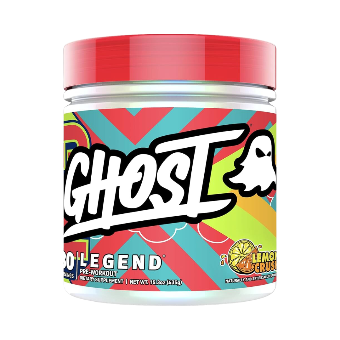 El suplemento Legend Pre-Entreno - GHOST de GetFit presenta una marca blanca llamativa y un pequeño ícono de fantasma en un frasco de colores brillantes. Presenta rayas vibrantes de color rojo, verde azulado y amarillo Lemon Crush y contiene ingredientes clínicamente dosificados para potenciar tu entrenamiento.