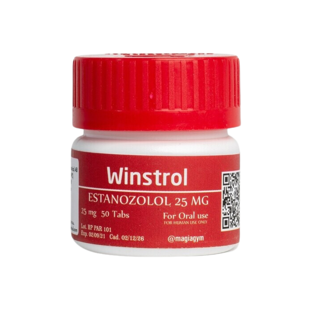 Un pequeño frasco de plástico blanco y rojo de Winstrol - ROTTERDAM de Get Fit México con la etiqueta Estanozolol 25 mg Oral Tabs contiene 50 comprimidos para uso oral. Tiene una tapa de rosca roja, un código QR, Lote BP PAR 101, fechas de fabricación/vencimiento y la inscripción @magiagym.