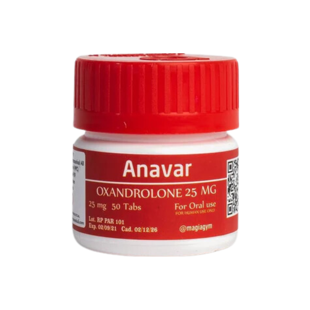 El pequeño frasco blanco con tapa de rosca roja que dice Anavar - ROTTERDAM de Get Fit México contiene oxandrolona 25 mg. La etiqueta dice 25 mg 50 tabletas y Para uso oral en rojo y blanco, con fecha de vencimiento, fechas de catálogo, un código QR y datos de contacto en el costado.