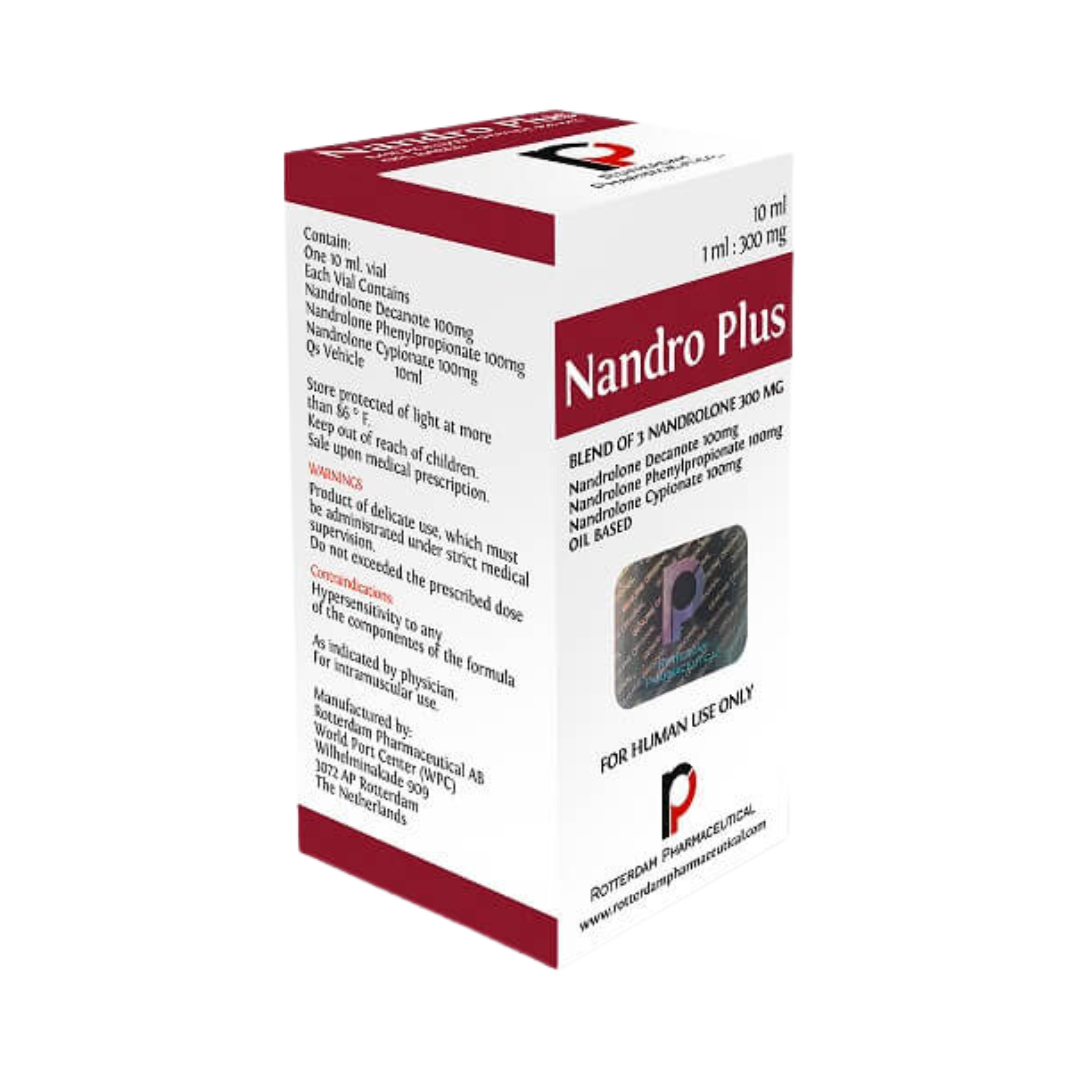 Una caja blanca y granate de Nandro Plus - ROTTERDAM de Get Fit México contiene un vial de 10 ml de decanoato de nandrolona (300 mg/ml) en aceite, marcado solo para uso humano. Fabricante: Rotterdam Pharmaceuticals.