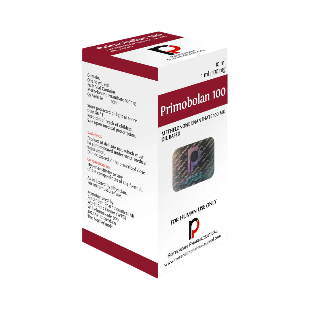 El Primobolan 100 - ROTTERDAM de Get Fit México contiene 100 mg de enantato de metenolona en un vial a base de aceite, con advertencias sobre la exposición a la luz y al calor. Requiere receta médica y cuenta con un sello holográfico de autenticidad, marcado como Solo para uso humano.