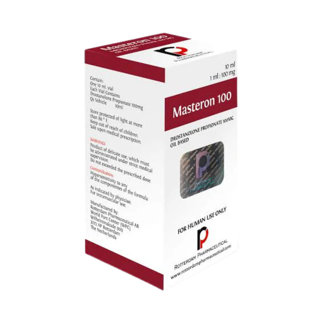 Masteron 100 - ROTTERDAM de Get Fit México contiene 100 mg/ml de propionato de drostanolona en un vial de 10 ml. Envasado con la marca roja y blanca, incluye una advertencia de dosis, instrucciones de uso y un sello holográfico de autenticidad.