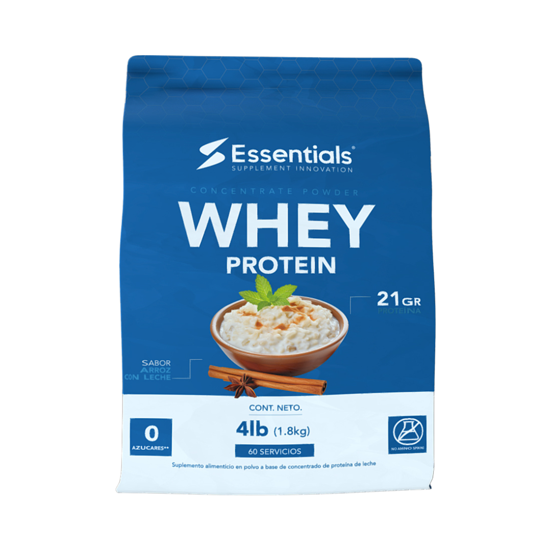 Una bolsa azul de concentrado de proteína de suero de leche de Getfit - ESSENTIALS, ideal para la recuperación muscular, aporta 21 gr de proteína de suero por porción, pesa 4 lb (1,8 kg) con 60 porciones. En el paquete se muestra un tazón de cereales con canela y menta y dice 0 cantidades de azúcar.