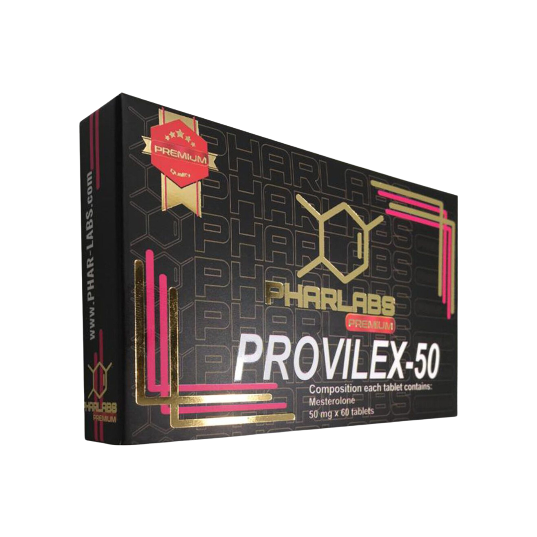 La imagen muestra una elegante caja rectangular negra de Provilex 50 - PHAR LABS PREMIUM de Get Fit México, con detalles en dorado, rosa y blanco. Presenta un gráfico de estructura química hexagonal y detalla la composición como Mesterolona - Oral 50 mg con 60 comprimidos por paquete.