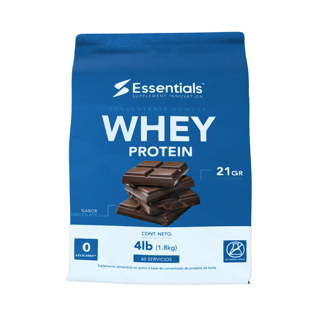 El concentrado de proteína de suero de leche GetFit - ESSENTIALS tiene un empaque azul y blanco con cuadrados de chocolate, lo que sugiere un sabor delicioso. Cada envase de 4 lb (1,8 kg) ofrece 60 porciones de 21 g de proteína de suero por porción para una nutrición muscular óptima, etiquetado 0 APLICACIONES junto con varias especificaciones.