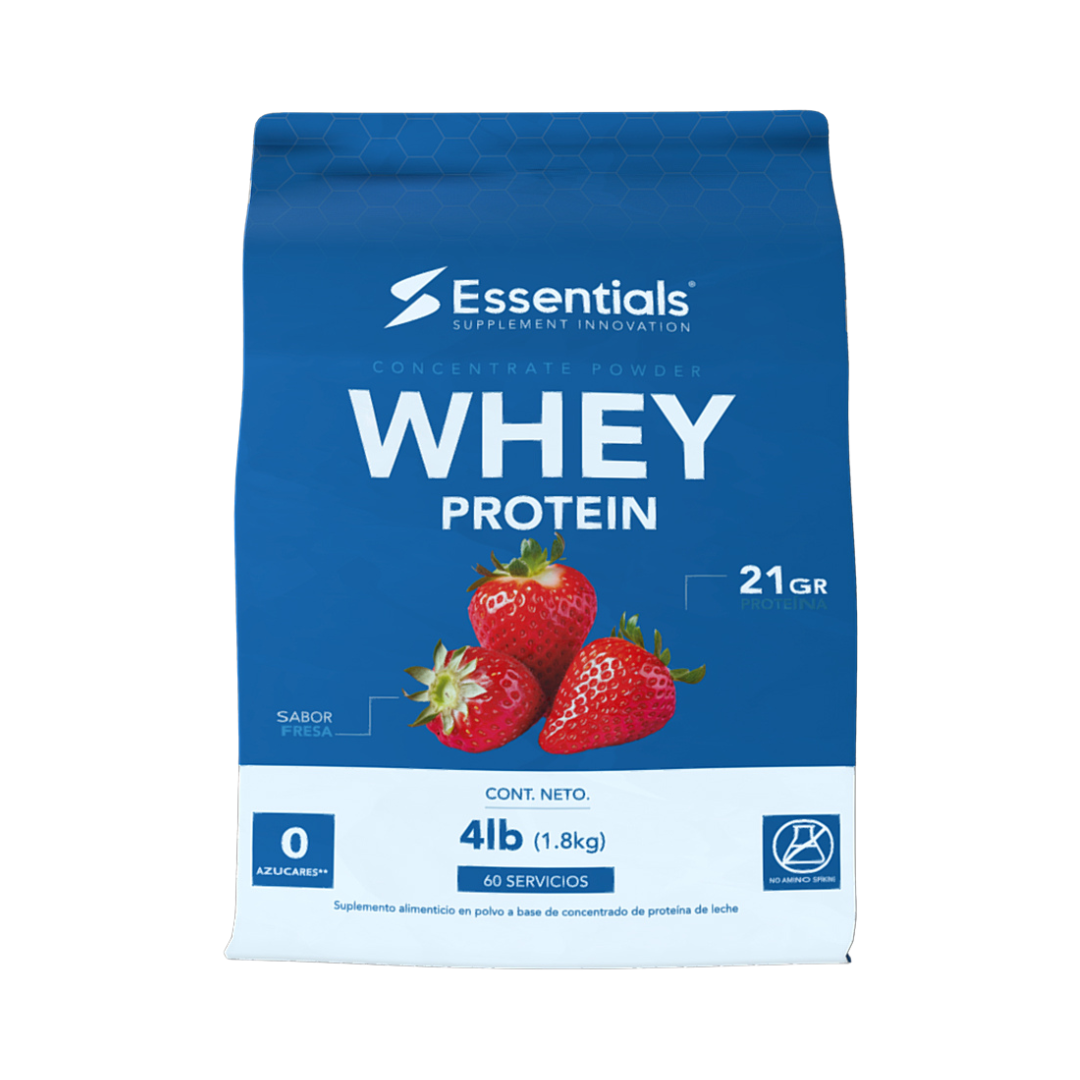 El concentrado de proteína de suero de leche Getfit Essentials presenta Sabor Fresa en un envase azul y blanco con fresas, que ofrece 21 g de proteína de suero por porción, perfecta para la nutrición muscular. Contiene 60 porciones, sin azúcar añadido, y viene en un envase de 4 lb (1,8 kg).