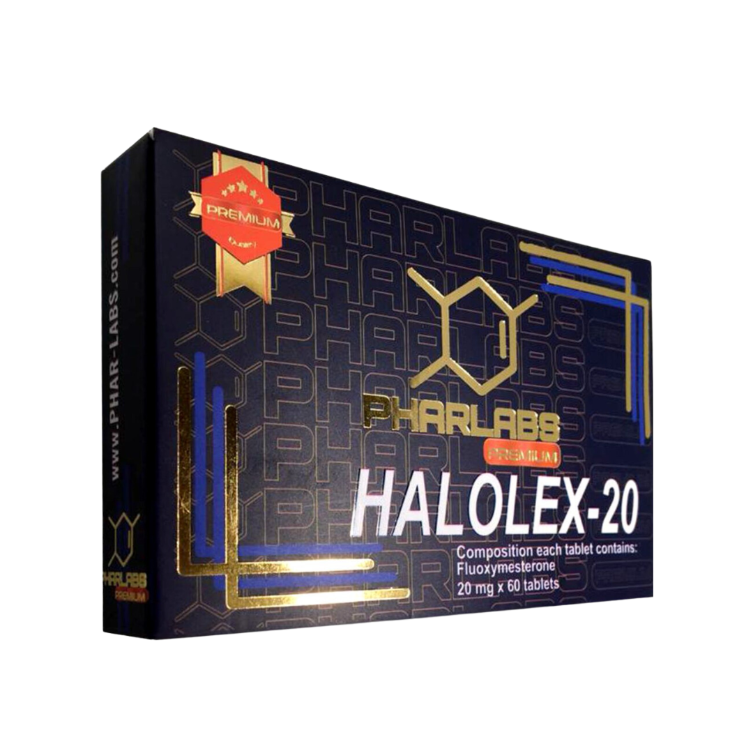 La caja negra y dorada, con la etiqueta Halolex 20 - PHAR LABS PREMIUM, presenta una insignia premium con 60 tabletas, cada una con 20 mg de Fluoximesterona. Un patrón hexagonal decora el fondo, mientras que la URL del sitio web Get Fit Mexico se muestra en el costado.