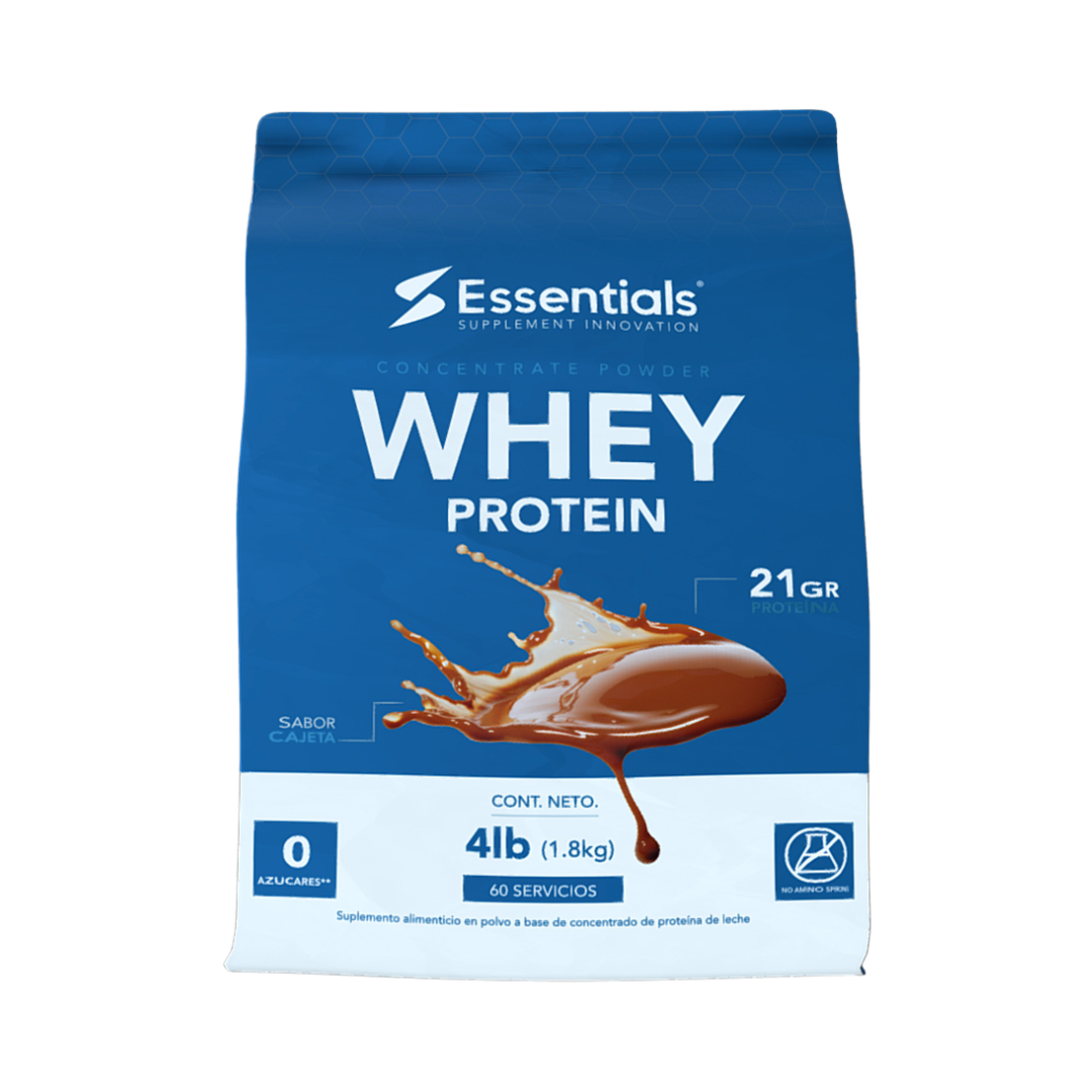 Se presenta una bolsa azul y blanca de concentrado de proteína de suero de leche ESSENTIALS de GetFit, que cuenta con 21 GR de proteína en un tamaño de 4 lb (1,8 kg). Las salpicaduras de chocolate subrayan el sabor, ofreciendo 0 azúcares, 60 servicios y una proteína de suero excepcional para la nutrición muscular.