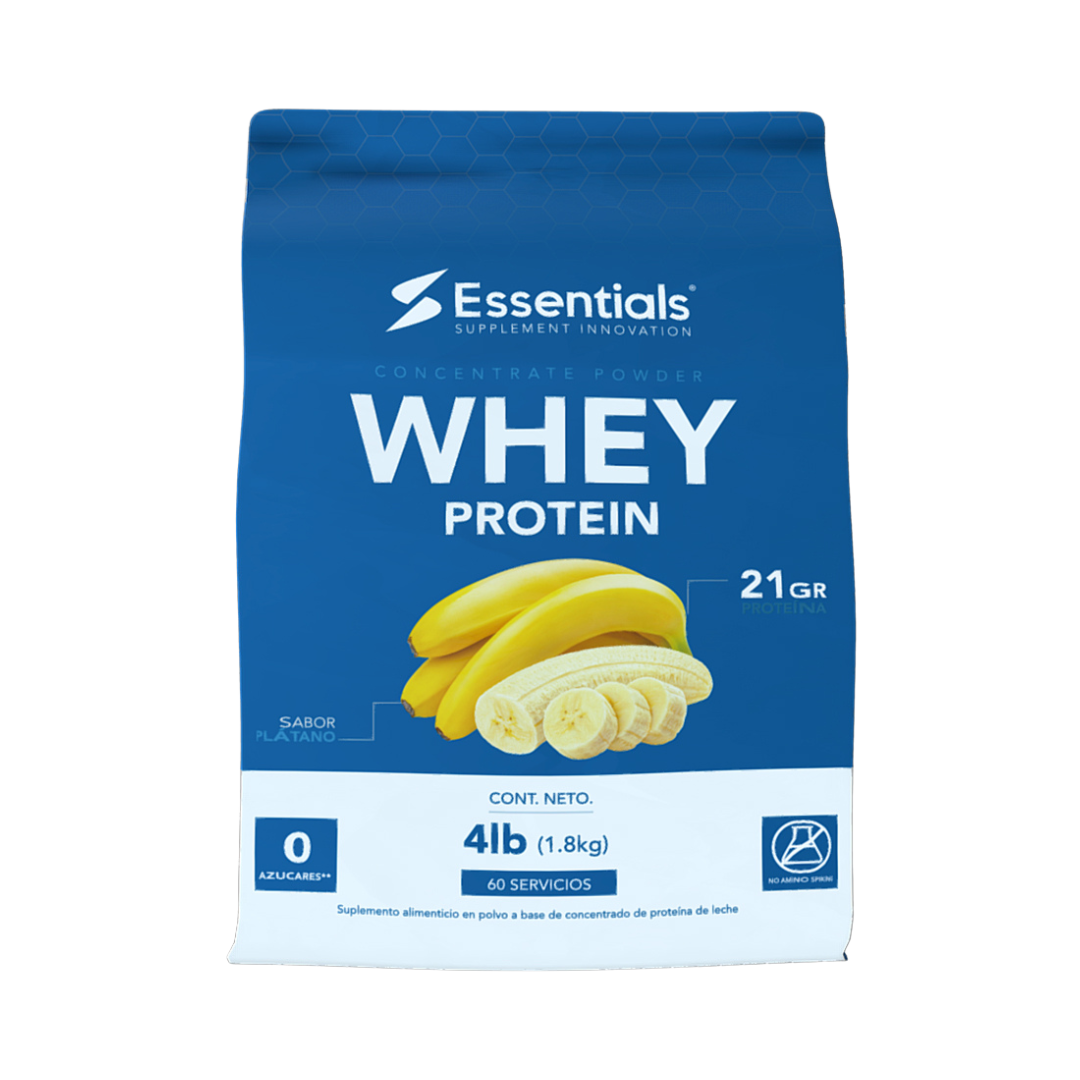 La bolsa de concentrado de proteína de suero ESSENTIALS de getfit presenta imágenes de plátanos y resalta las palabras Sabor Plátano, 21 GR y 0 Azúcares. Su diseño limpio enfatiza el sabor, los beneficios de la nutrición muscular y 60 porciones potentes para una recuperación muscular efectiva.