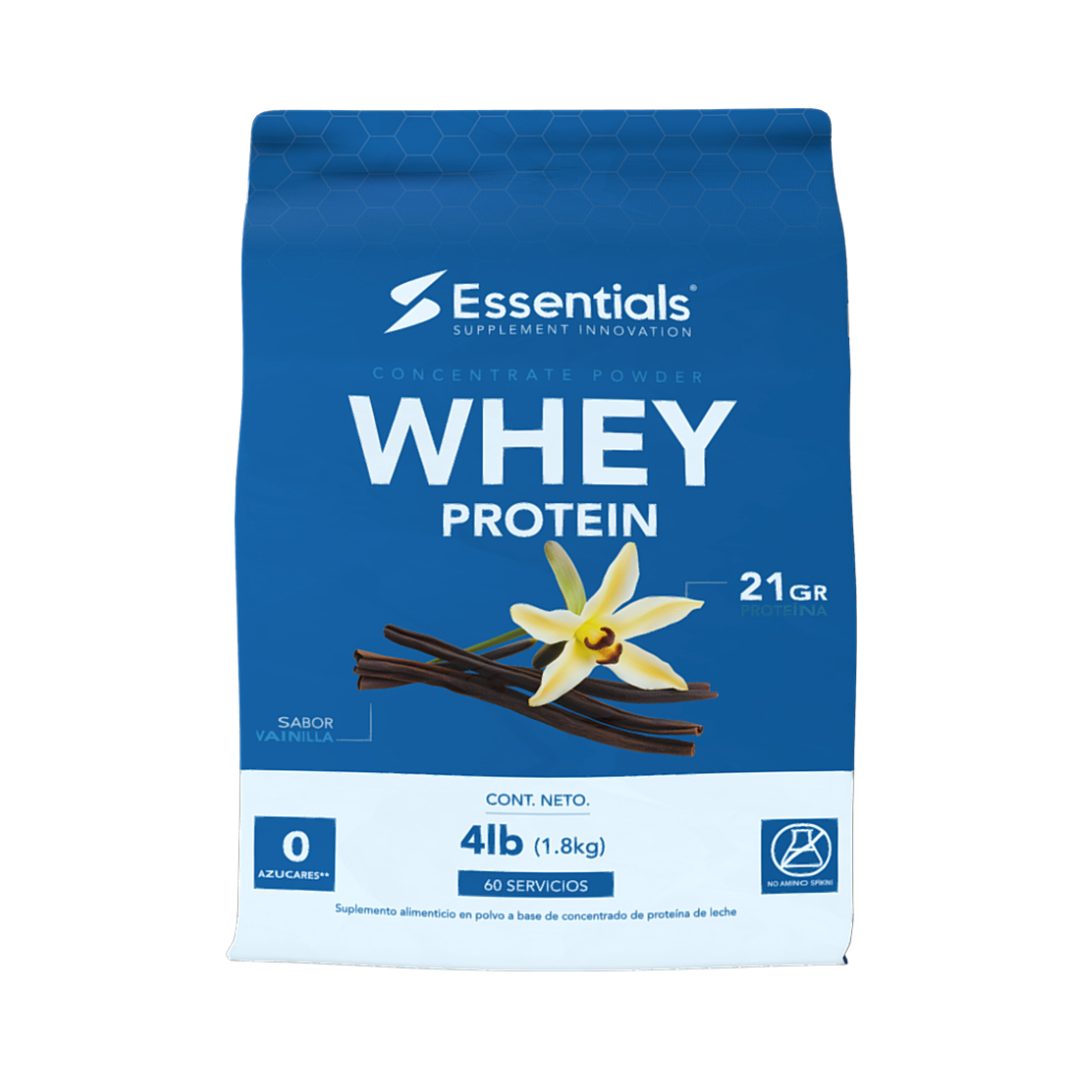 La bolsa azul y blanca de concentrado de proteína de suero de leche GetFit - ESSENTIALS contiene proteína de suero con flor y vainas de vainilla, destacando 21 GR PROTEINA, Sabor Vainilla, 0 Azucares. Está diseñada para la nutrición muscular y ofrece 60 porciones en un paquete de 4 lb.