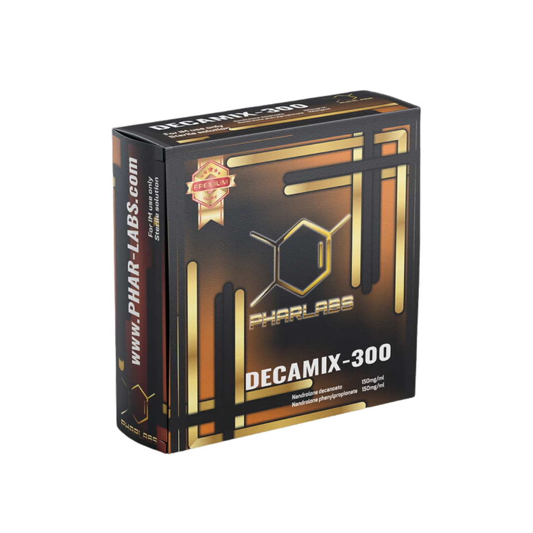La imagen muestra un vial de 300 mg de Decamix 300 - PHAR LABS PREMIUM de Get Fit México, con empaque negro y detalles dorados que presentan un diseño molecular. Destaca el decanoato de nandrolona y el fenilpropionato, junto con un distintivo de calidad premium.