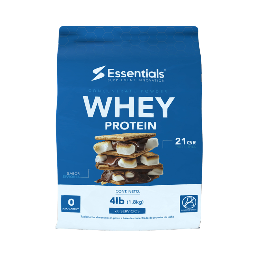 Una bolsa azul de concentrado de proteína de suero de leche GetFit - ESSENTIALS incluye una pila de smores que ofrece 21 g de proteína de suero por porción. La etiqueta destaca un peso neto de 4 lb (1,8 kg), que proporciona 60 porciones sin azúcares añadidos, y utiliza principalmente texto blanco y azul para su diseño.