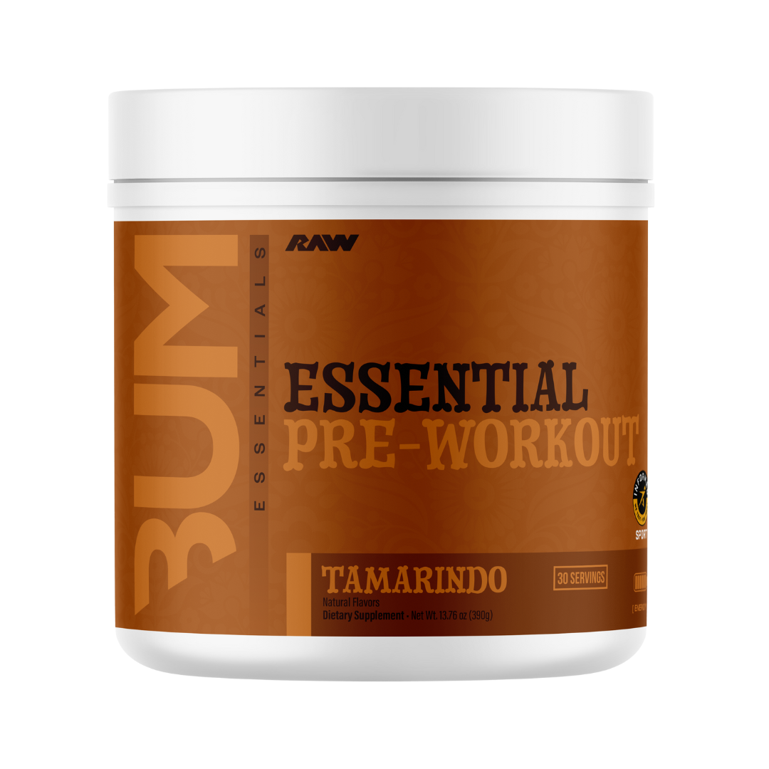 Un envase blanco de Get Fit México muestra de forma destacada Essential Pre Entreno de CBUM x RAW. Destacando el sabor TAMARINDO, cuenta con sabores naturales y máxima concentración para energía duradera. Etiquetado como suplemento dietético con 30 porciones.