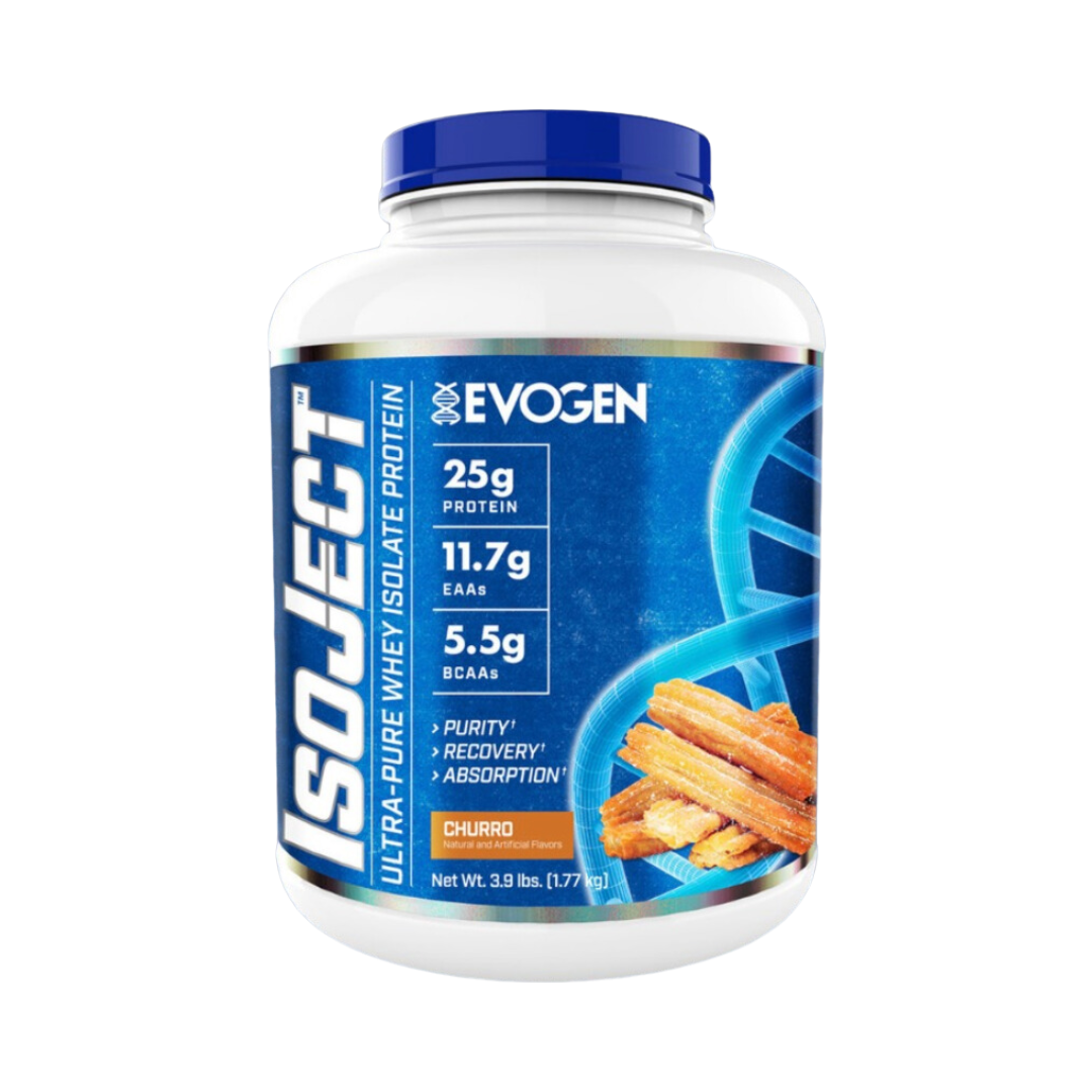 Un envase grande de Isoject Whey blanco y azul de GetFit, perfecto para atletas de Olympia, ofrece 25 g de proteína, 11,7 g de EAA y 5,5 g de BCAA para lograr la máxima pureza, recuperación y absorción. El sabor a churro se captura de manera deliciosa con una imagen de churros. Peso neto: 3 libras.