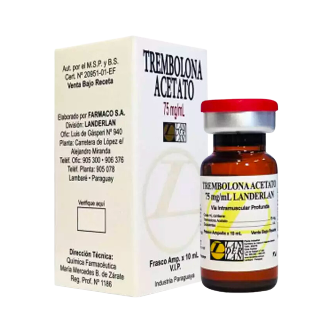 La imagen muestra un frasco de 10 ml etiquetado como “Trembolona Acetato 75 mg/mL” de Get Fit México, con tapa roja. Producido por Farmaco S.A., División Landerlan, incluye detalles de uso y fabricación junto a un logotipo negro y amarillo.