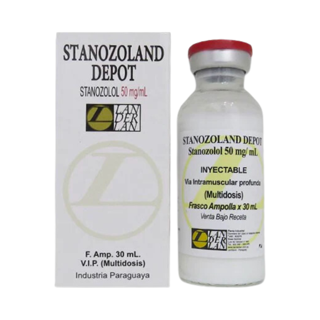 La imagen muestra una caja blanca y amarilla con un frasco ámpula de Stanozolol Depot - LANDERLAN de Get Fit México. El frasco ámpula contiene 50 mg/mL de Stanozolol en un formato de 30 mL para inyecciones intramusculares profundas, etiquetado como Multidosis para uso con receta médica.