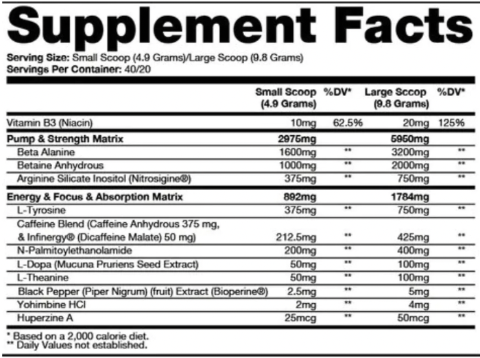 La etiqueta de información del suplemento Venom Pre-Entreno de Dragon Pharma de Get Fit México detalla los tamaños de las porciones: cucharada pequeña (4,9 g) y cucharada grande (9,8 g), enumerando vitamina B3, Pump & Strength Matrix y Venom Energy & Focus Matrix con Infinergy y cafeína anhidra, junto con sus cantidades y porcentajes de valor diario para cada tamaño.