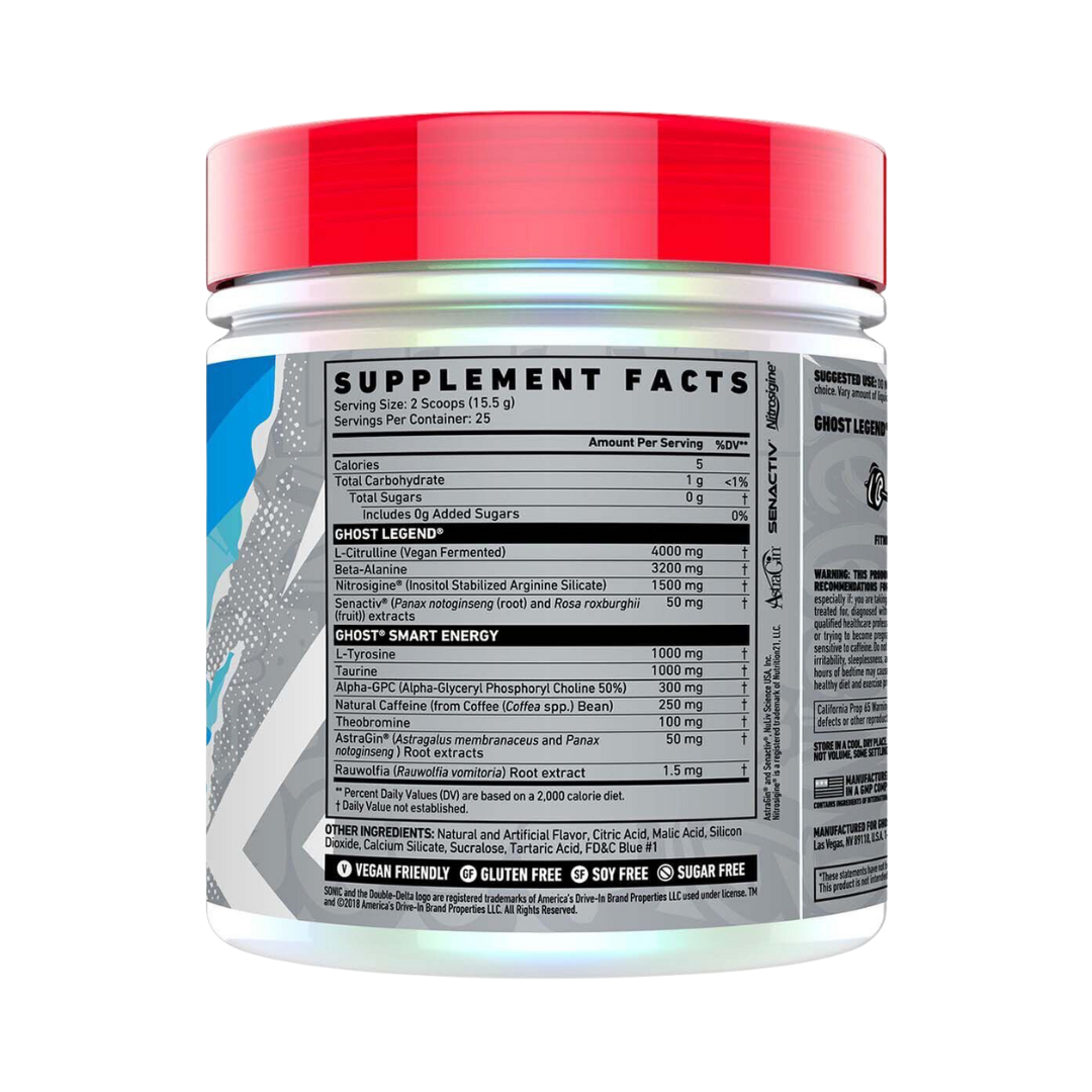 El Legend Pre-Entreno cilíndrico blanco de GetFit muestra información sobre los suplementos con ingredientes clínicamente dosificados, incluidos Ghost Legend® y Ghost® Smart Energy. Esta fórmula vegana, sin gluten, sin soja y sin azúcar respalda tus objetivos de fitness.