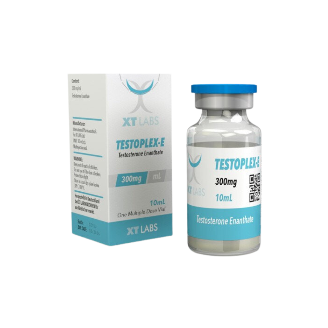 Un frasco de 10 ml de Testoplex E de Get Fit México, esencial para la retención de nitrógeno y el crecimiento muscular, se presenta con una tapa azul y una etiqueta blanca que dice 300 mg. La caja incluye detalles de la dosis, información del fabricante y un código QR.