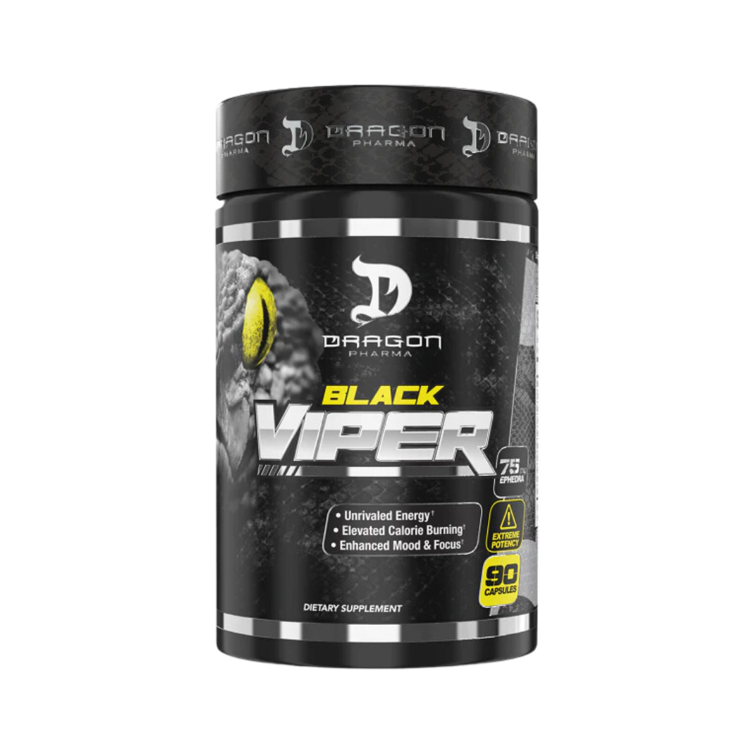 El envase Black Viper de DRAGON PHARMA, de Get Fit México, presenta un diseño en negro y plata con un ojo de serpiente amarillo. Cuenta con beneficios como energía inigualable, mejor estado de ánimo y concentración y mayor quema de calorías para una quema de grasa óptima. Incluye 90 cápsulas de 75 mg cada una.