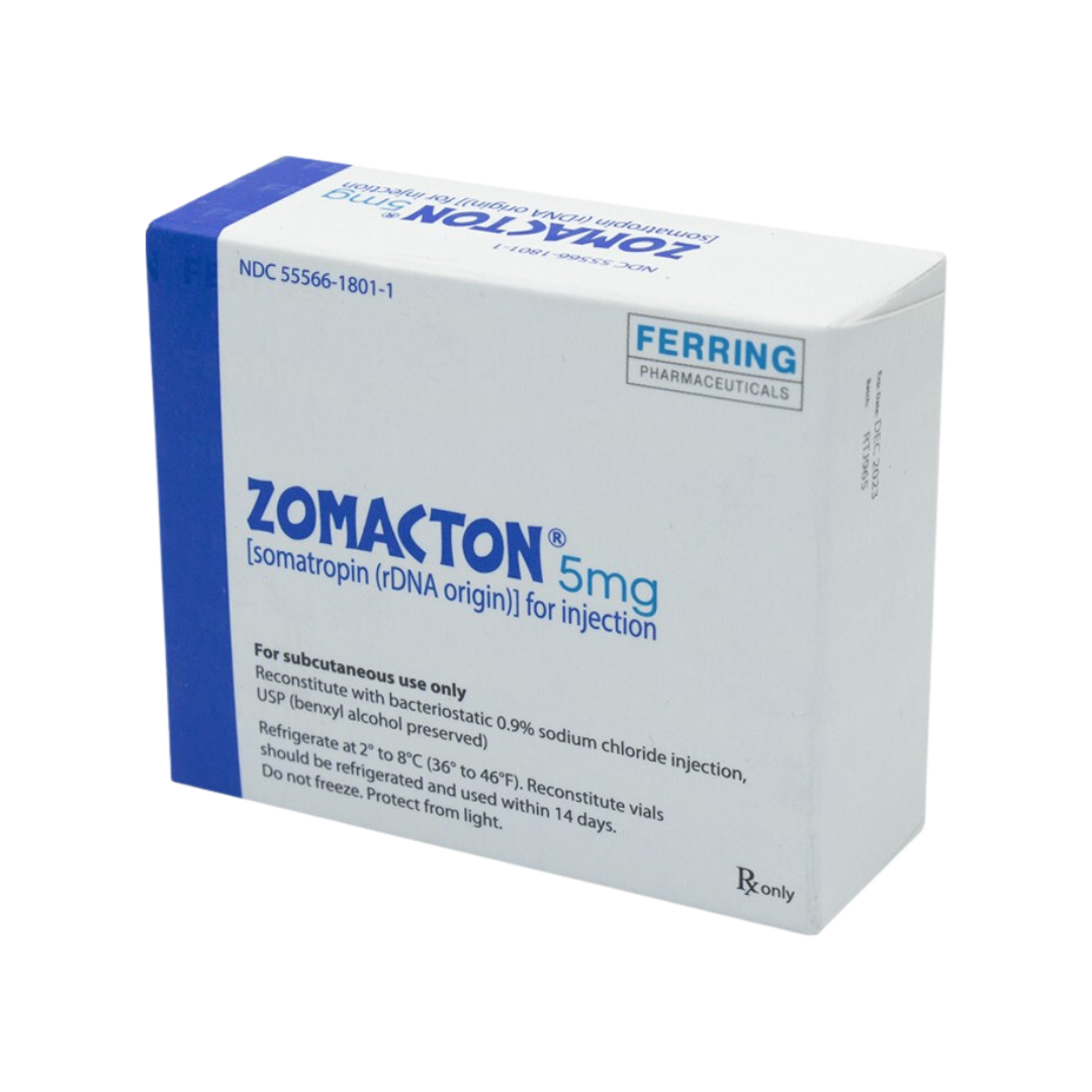 Caja de Zomacton 5 mg de Get Fit México. El envase, que es principalmente blanco, presenta texto y detalles en azul, número NDC, instrucciones de refrigeración y pautas de almacenamiento. Está colocado sobre un fondo blanco liso.