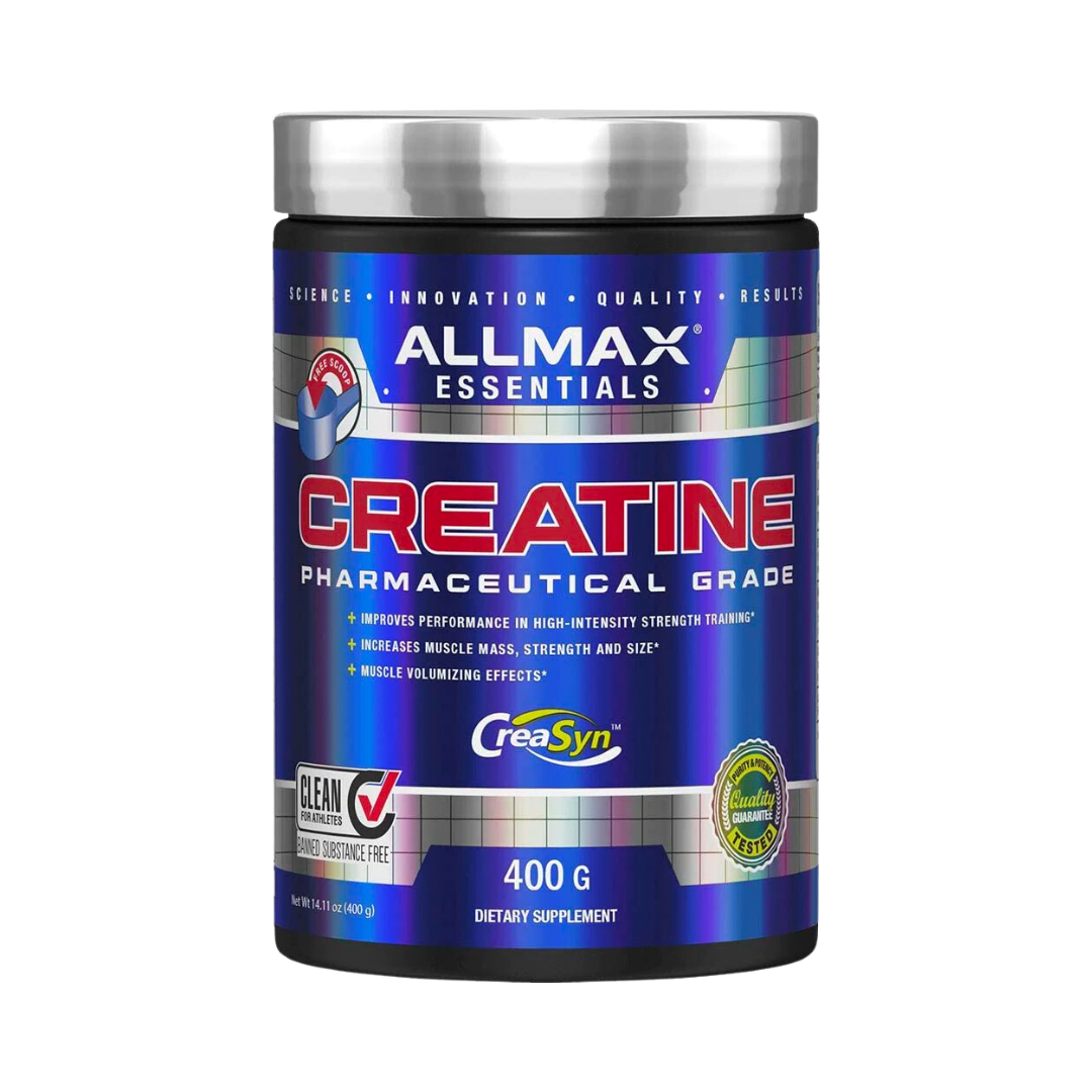 El producto es un envase de 400 g de Creatina ALLMAX de Get Fit México, con una etiqueta azul y violeta que promueve beneficios como aumento de masa muscular, fuerza impulsada por ATP y efectos voluminizadores. La creatina de grado farmacéutico viene con una tapa plateada que muestra certificaciones de calidad.