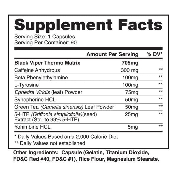 El Get Fit Mexico Black Viper de DRAGON PHARMA contiene 300 mg de cafeína anhidra y 100 mg de betafeniletilamina para ayudar a quemar grasas, aumentar la energía y mejorar el estado de ánimo. También contiene L-tirosina, efedra viridis, té verde, 5-HTP, y la cápsula está hecha de gelatina y colorantes.