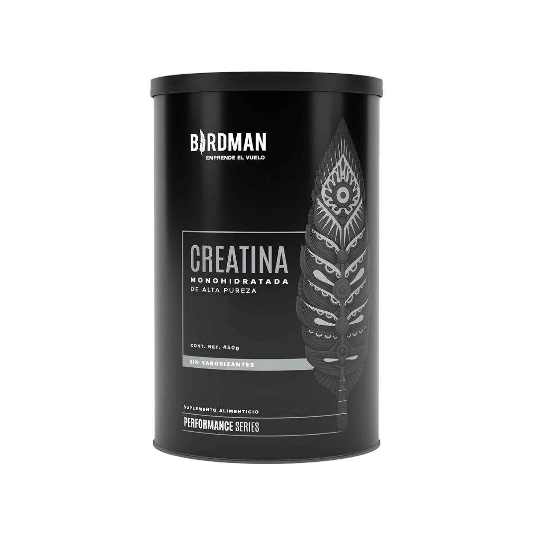 El Getfit Creatina Monohidrato - BIRDMAN cuenta con un envase cilíndrico negro con una pluma estilizada. El texto en español destaca los beneficios para el rendimiento y la masa muscular. La etiqueta de 450 g indica que no contiene aditivos según la Performance Series.