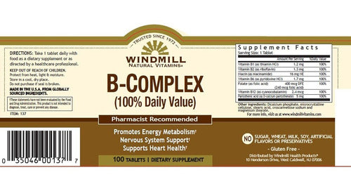 La etiqueta de Complejo B - WINDMILL de GetFit ofrece instrucciones de dosificación, información sobre el suplemento y beneficios como el apoyo al metabolismo energético y la salud cardíaca. Esta fórmula sin gluten apoya el sistema nervioso y la salud cardiovascular sin azúcar ni sabores artificiales. Incluye UPC e información de contacto.