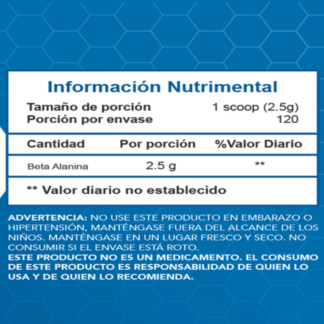 El producto de Getfit, Beta Alanina - ESSENTIALS, presenta una etiqueta nutricional azul y blanca con un patrón hexagonal. Contiene 2,5 g de Beta Alanina por cucharada y advierte contra su uso durante el embarazo o en personas con hipertensión, aclarando que no es un medicamento sino que mejora la resistencia muscular.
