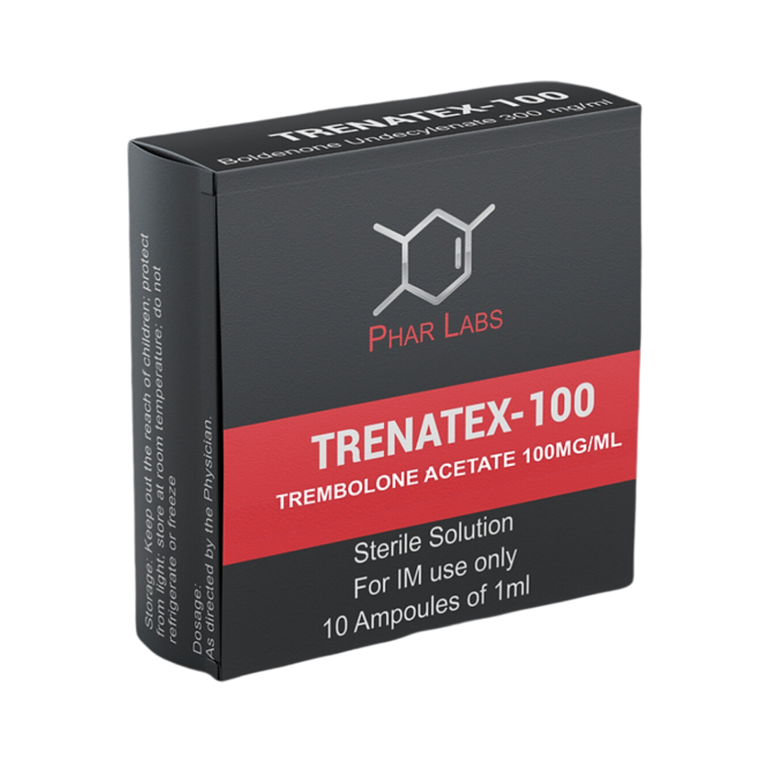 Una elegante caja negra y roja con la etiqueta Trenatex-100 - PHAR LABS muestra una estructura química con el texto Trenbolona Acetato 100 MG/ML, lo que indica que se trata de una solución estéril para uso intramuscular. Tiene 10 ampollas de 1 ml y advierte contra su uso sin prescripción médica. Fabricado por Phar Labs, marca Get Fit México.