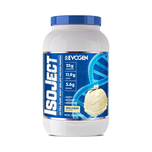 El polvo de proteína Getfit Isoject Whey - EVOGEN en un envase blanco con un diseño de hélice de ADN azul es ideal para atletas olímpicos. Ofrece sabor a vainilla, 25 g de proteína de suero, 11,9 g de EAA y 5,6 g de BCAA por porción, y presenta una imagen de helado de vainilla en la etiqueta. Peso neto: 1,92 lbs.