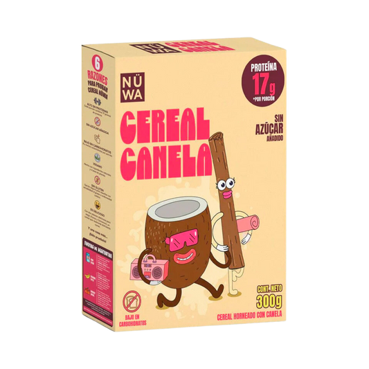 La imagen muestra una caja de Cereal con Proteína - NÜWA de Get Fit México, con una divertida ilustración de un coco y una rama de canela con lentes de sol. Esta caja de 300 g ofrece 17 g de proteína, sin azúcar agregada, ingredientes naturales y es una opción saludable de cereal bajo en carbohidratos.