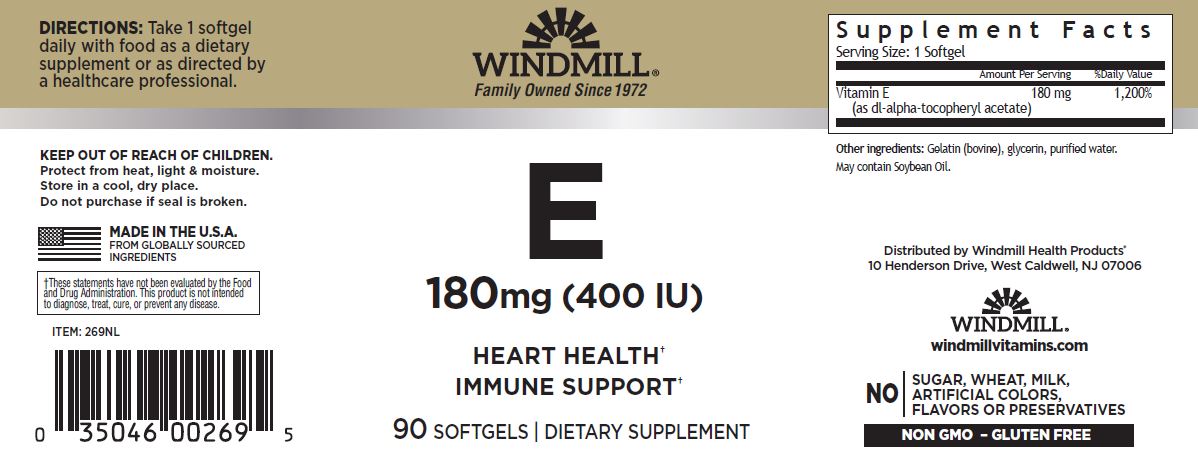 Vitamina E Windmill 180mg - etiqueta con modo de uso, tabla nutrimental y certificaciones - Get Fit Mexico