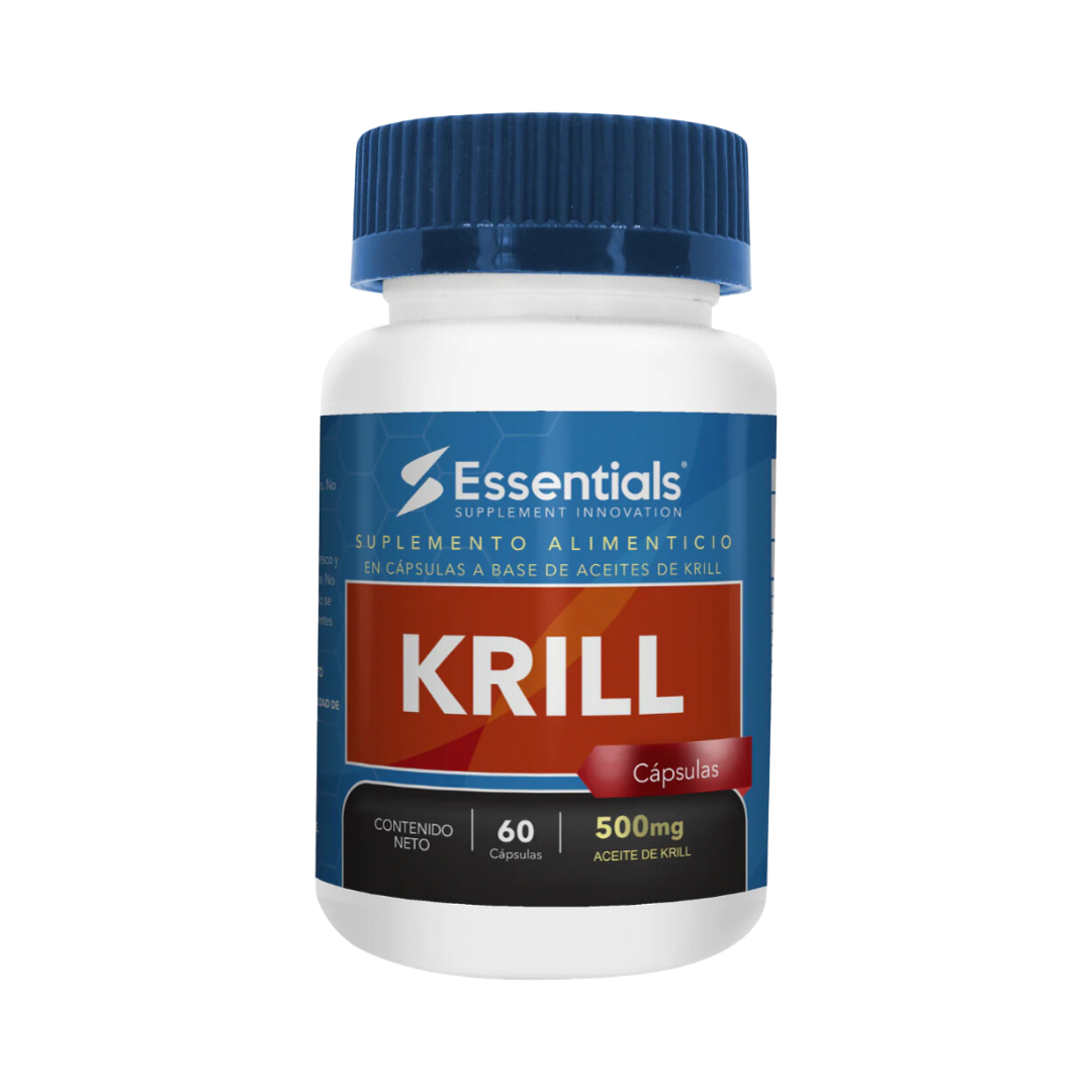 Una botella de plástico blanca de Get Fit México con tapa de rosca azul tiene una etiqueta de color granate y azul que dice Krill Omega 3 - Essentials. El suplemento contiene 60 cápsulas de 500 mg de aceite de krill por cápsula, rico en omega-3 para una alta absorción.