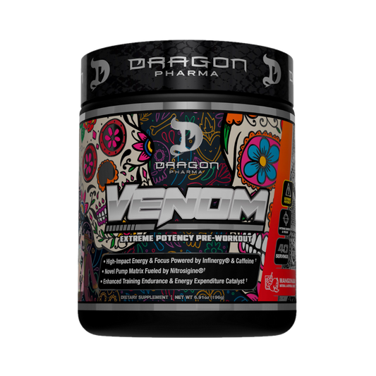 El Venom Pre-Entreno de Get Fit México presenta un llamativo arte estilo grafiti en vibrantes tonos naranja, azul y rosa. El texto destacado destaca los beneficios de la resistencia y la concentración. La tapa negra tiene la marca y los íconos en blanco, reforzados con cafeína anhidra de Infinergy para brindar energía adicional.