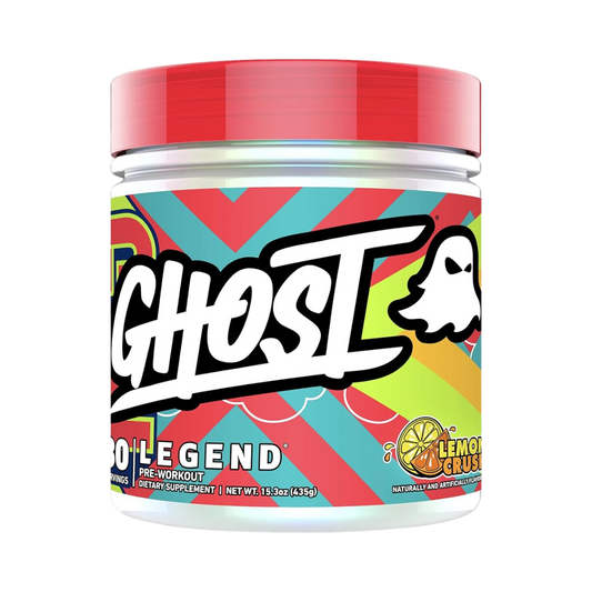 El suplemento Legend Pre-Entreno - GHOST de GetFit presenta una marca blanca llamativa y un pequeño ícono de fantasma en un frasco de colores brillantes. Presenta rayas vibrantes de color rojo, verde azulado y amarillo Lemon Crush y contiene ingredientes clínicamente dosificados para potenciar tu entrenamiento.