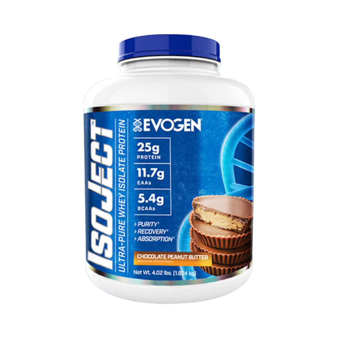 Un envase blanco de 1,824 kg (4,02 lb) de Isoject Whey de Getfit tiene una etiqueta azul que destaca 25 g de proteína, 11,7 g de EAA y 5,4 g de BCAA por porción. Diseñado para atletas de Olympia, viene en sabor a mantequilla de maní con chocolate e imágenes de tazas de mantequilla de maní con chocolate en el envase.