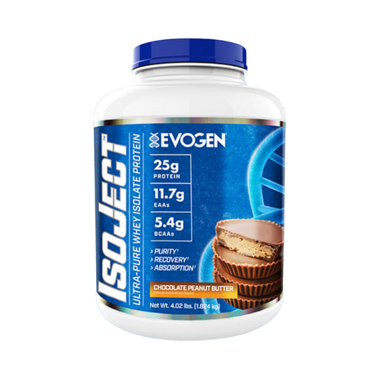 Un envase blanco de 1,824 kg (4,02 lb) de Isoject Whey de Getfit tiene una etiqueta azul que destaca 25 g de proteína, 11,7 g de EAA y 5,4 g de BCAA por porción. Diseñado para atletas de Olympia, viene en sabor a mantequilla de maní con chocolate e imágenes de tazas de mantequilla de maní con chocolate en el envase.