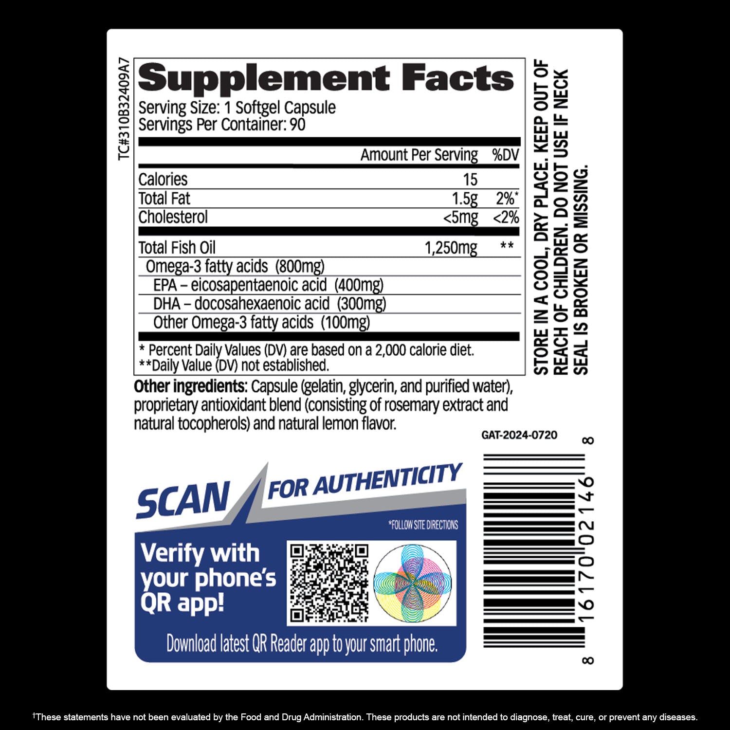 Omega 3 GAT Sport - tabla de suplementos y sello de autenticidad - Get Fit Mexico