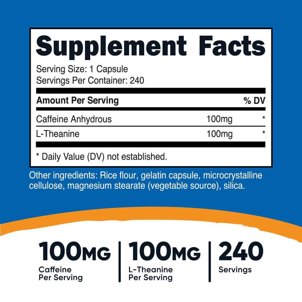 Tabla de suplementos Cafeína Teanina Nutricost
