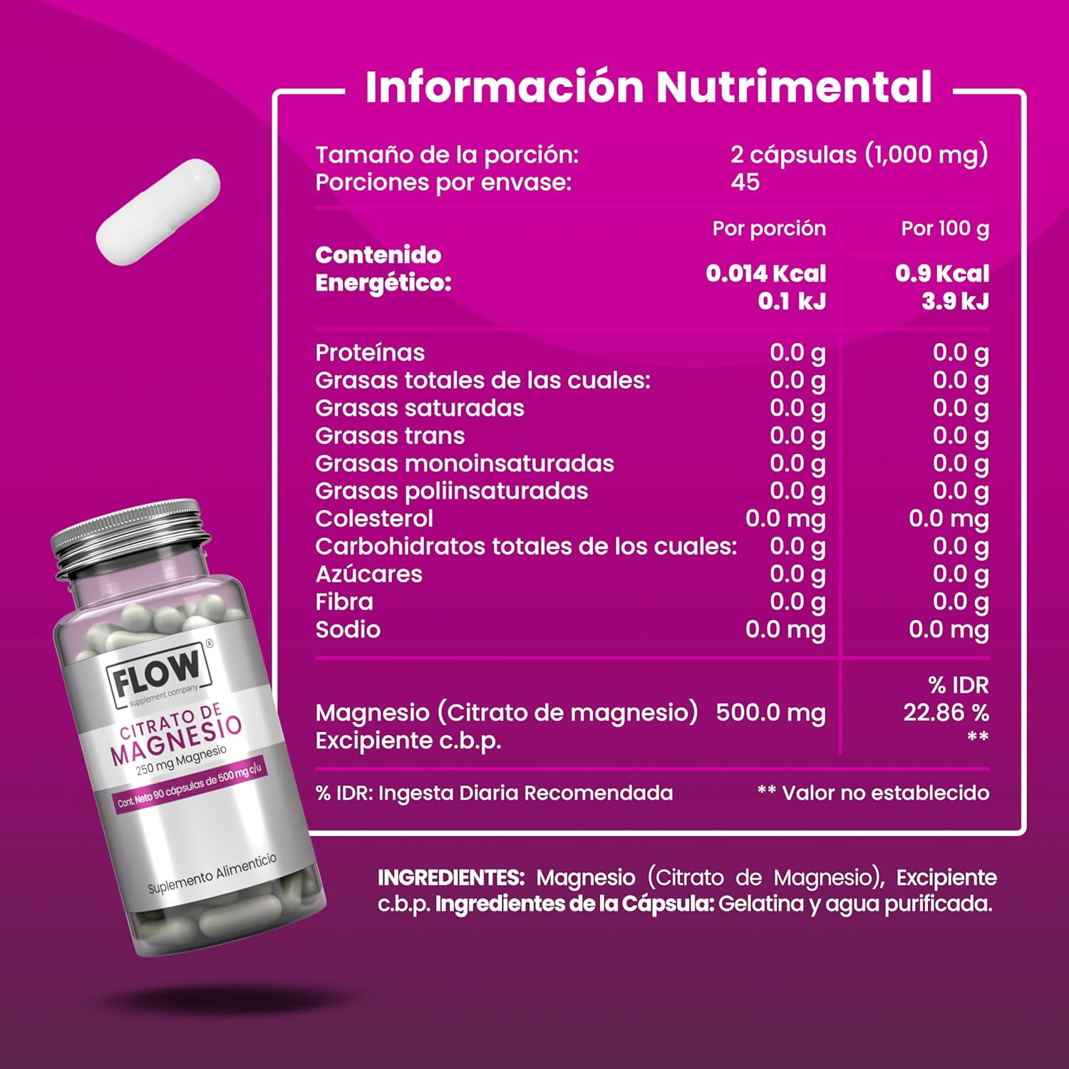 Citrato de Magnesio FLOW - Tabla de Información Nutrimental