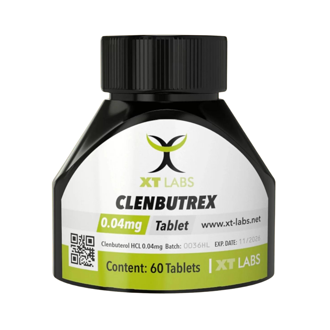 El frasco de Clenbutrex de XT Labs contiene 60 comprimidos de clorhidrato de clenbuterol a 0,04 mg, que actúa como un eficaz quemador de grasa. Tiene un logotipo, un código QR, el número de lote 0036HL, la fecha de caducidad 11/2026, el sitio web www.xt-labs.net y una tapa negra.